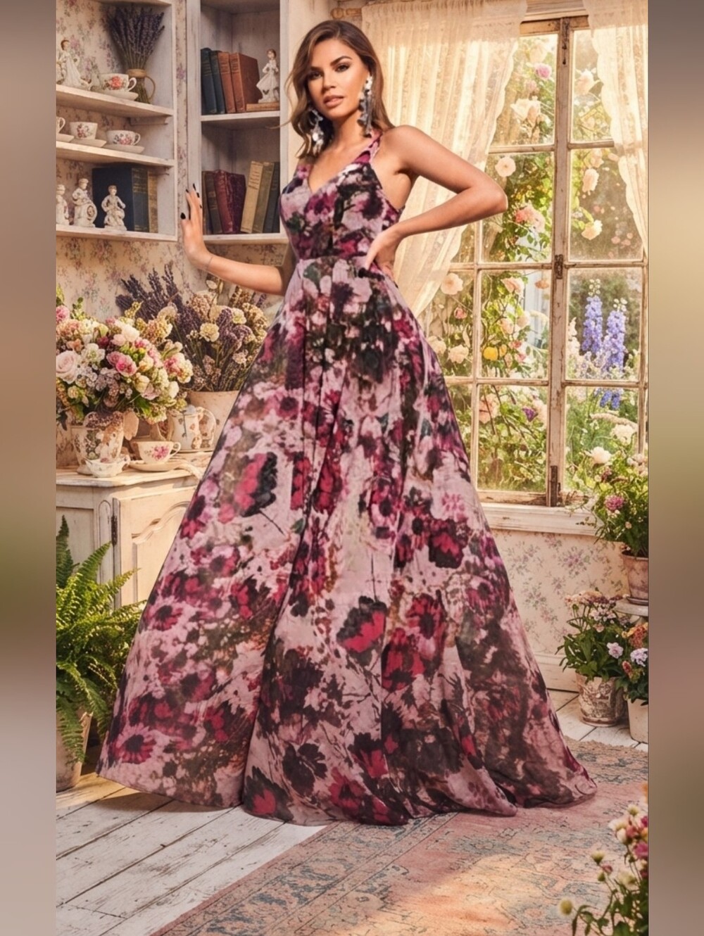 FLORAL ALL OVER PRINT BACKLESS BOHO HIGH FASHION GOWN